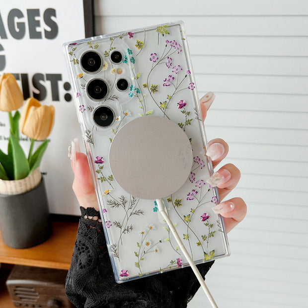 Magnetic Magsafe Case for Samsung S23 FE S22 S24 Ultra Clear Floral Soft Cover