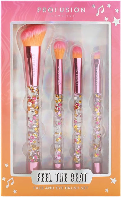 Profusion Cosmetics Its a Vibe Feel the Beat 4-Pc Face & Eye Brush Set, Vegan & Cruelty-Free, Premium Fibers, Confetti-Infused Handles Professional Brushes, Ideal for Powder, Cream and Liquid Formulas