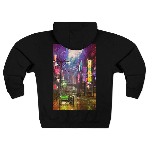 Cyberpunk style city skyline zip hoodie