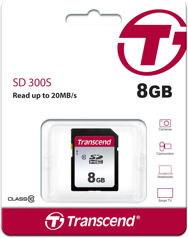 Transcend 8GB SDHC 300S Memory Card UHS- I, C10, U3, V30, 4K, Full HD, up to 95/40 Mb/S (Ideal for Digital Cameras) TS8GSDC300S