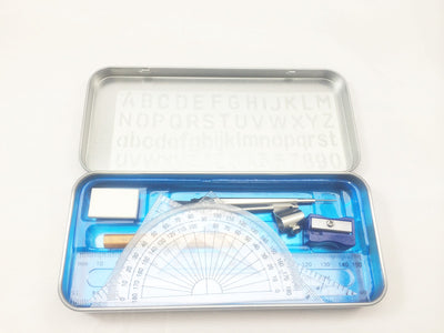 10Pcs Maths Geometry Compass Set School Ruler Protector Square Tin Case Stencil