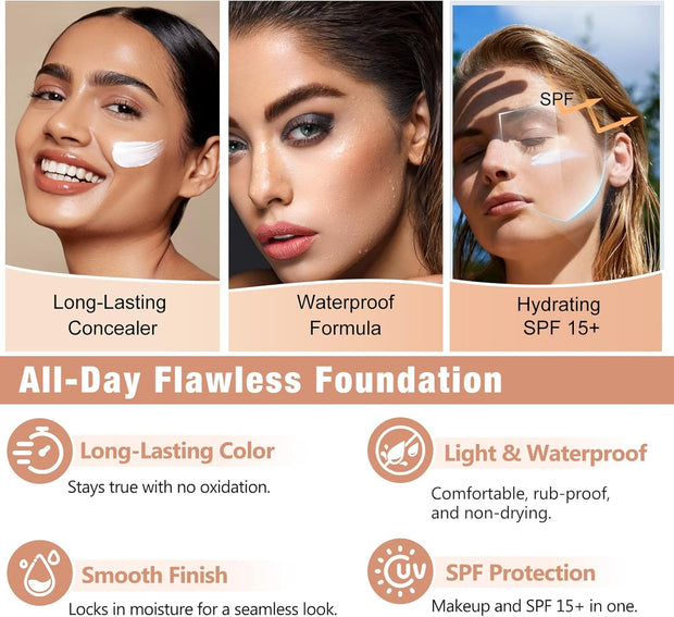 2Pcs Color Changing Foundation Spf15,Seamless Tone-Matching,Long-Lasting Hydration Nourishment, and Sun Protection for All Skin