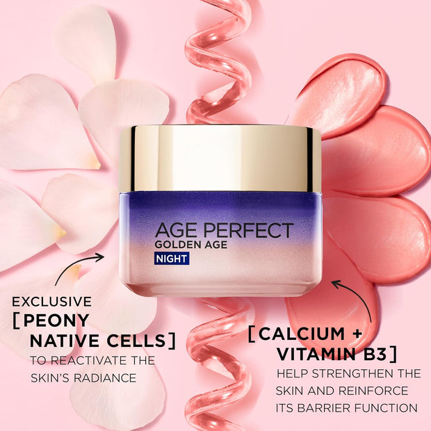 L’Oréal Paris Age Perfect Golden Age Re-Stimulating Night Cream 50+, Moisturising, Renew Skin Barrier Overnight and Reactivates Skin’S Radiance, Peony Native Cells, Calcium and Vitamin B3, 50Ml