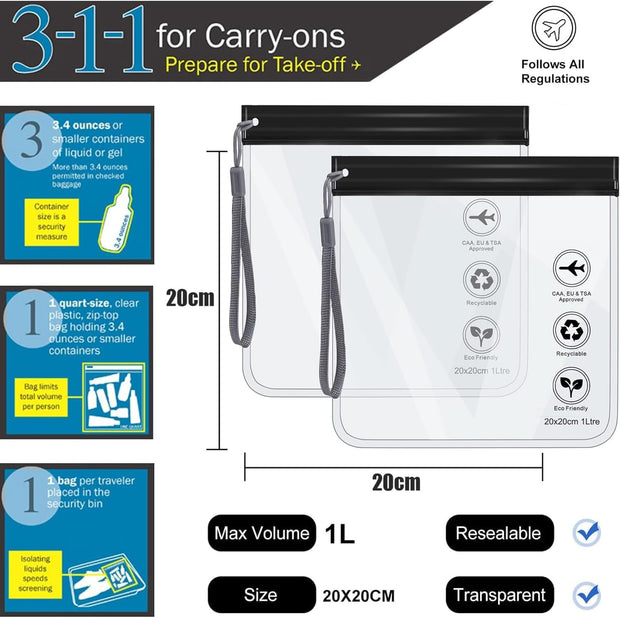 WUBAYI 5Pcs Clear Toiletry Bag, Waterproof PU Makeup Bag with Zipper Handle, Portable Airport Cosmetic Bag for Women & Men, Travel Accessories Wash Bag for Travelling & Holiday (Black)