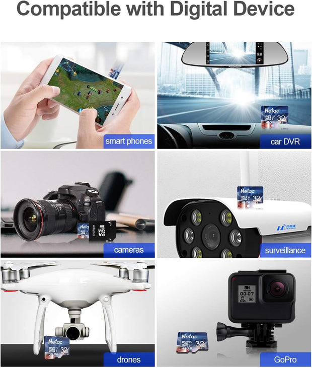 Netac 32GB Microsdhc Memory Card, Micro SD Card R/W up to 90/10Mb/S, TF Card 4K Full HD Video Recording, UHS-I, C10, U1, A1, V10, for Camera, Smartphone, Security System, Drone, Dash Cam, Gopro