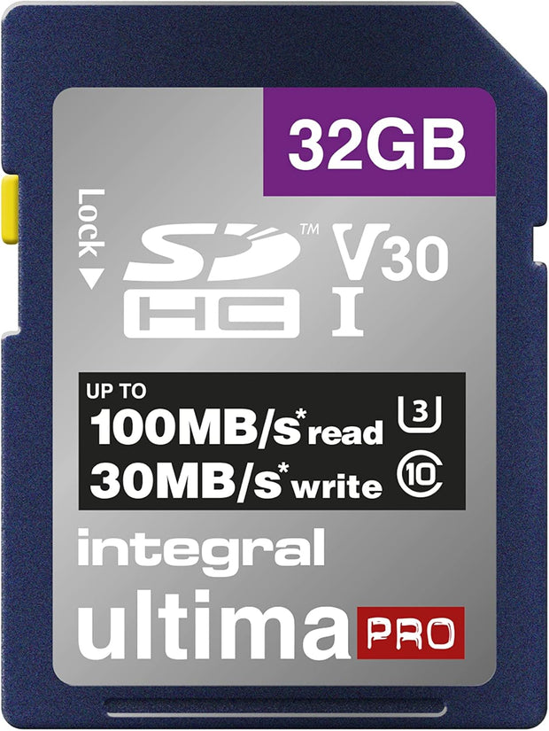 Integral 32GB SD Card 4K Ultra-Hd Video Premium High Speed Memory Card SDXC up to 100Mb/S SDXC V30 UHS-I U3 Class 10 SD Memory Card, Black