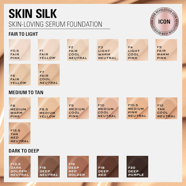 Makeup Revolution, Skin Silk Serum Foundation, Light to Medium Coverage, Contains Hyaluronic Acid, F7, 23Ml