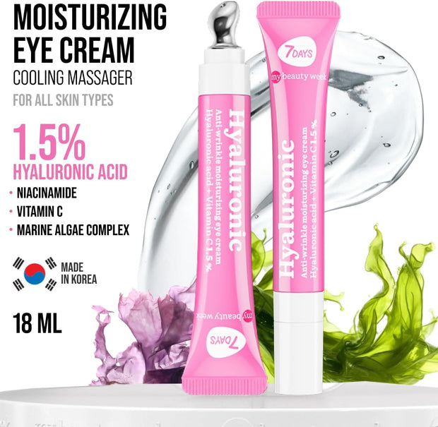7Days Eye Cream with Hyaluronic Acid - Korean Skincare - Eye Cream for Dark Circles and Puffy Eyes - anti Aging Eye Bags Remover - anti Wrinkles Eye Gel with Cooling Massager