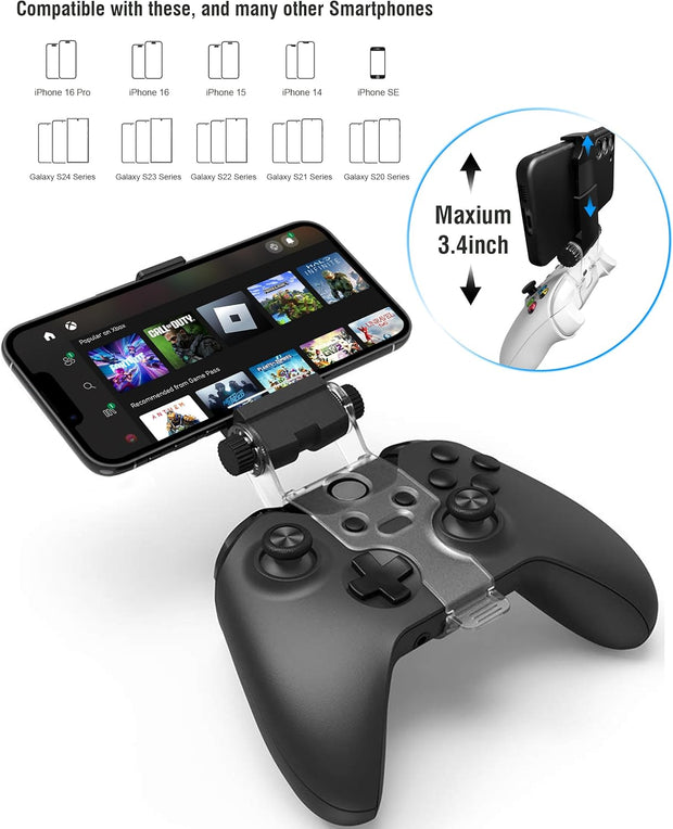 Joso Mobile Phone Holder for Xbox Controller, Cellphone Mount Clamp Compatible with Xbox Series S/X, Xbox One/S/X Gamepad, Adjustable Clip with 2 Thumb Grip Caps