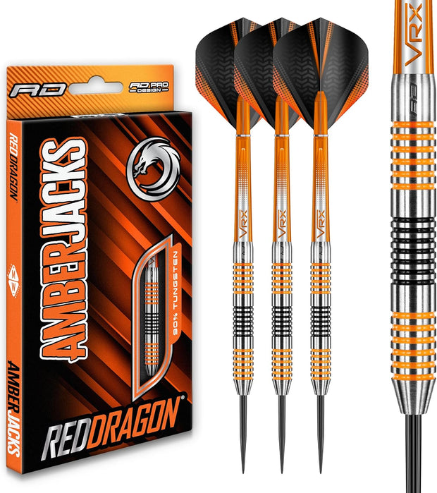 RED DRAGON Amberjack Tungsten Darts Set with Darts Flights & Dart Stems (Shafts) – Professional 90% Tungsten Premium Darts Set – Available in 22G, 23G, 24G, 25G, 26G, 27G, 28G, 30G