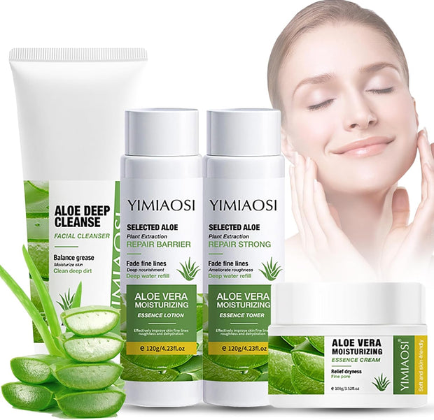 Aloe Vera Facial Kit for Women - 4PCS Aloe Skin Care Sets & Kits - Hydrating Skin Care Set - Pamper Gift for Mum - Gifts for Teenage Girls with Face Cream, Face Toner, Face Lotion and Facial Cleanser