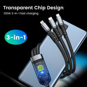 Transparent Luminous 3-In-1 Super Fast Charging Cable, 3 in 1 Charging Cable, Compatible with Phone/Android/Tabl