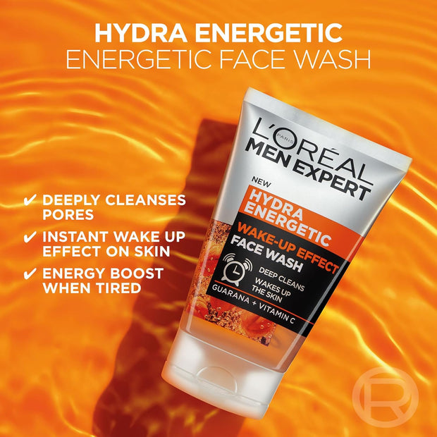 L’Oréal Paris Men Expert Wake-Up Effect Face Wash 100Ml, Hydra Energetic Face Wash with Vitamin C*, for Dull and Tired-Looking Skin, Cleanses Pores and Energises Skin