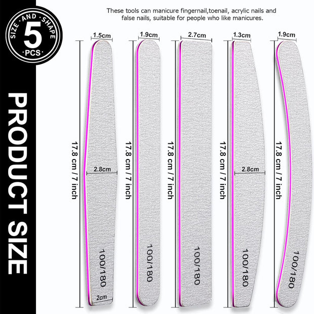 FANDAMEI 10 Pcs Nail File Set, 5 Shapes Nail Files for Acrylic and Gel Nails, 100/180 Grit Emery Boards for Nails, Nail File and Buffer Set