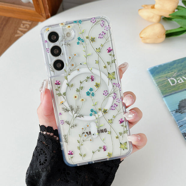 Magnetic Magsafe Case for Samsung S23 FE S22 S24 Ultra Clear Floral Soft Cover