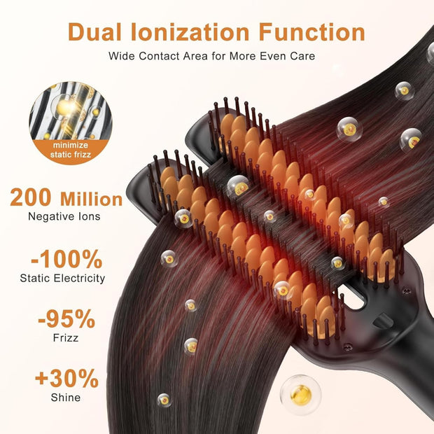 Hair Straightener Brush, 2 in 1 Ionic Hair Straightener Brush Hot Comb, 5 Temps, Ceramic Straightener Comb Fast Heating for Home Salon, Double Heating Plate & Dual Voltage