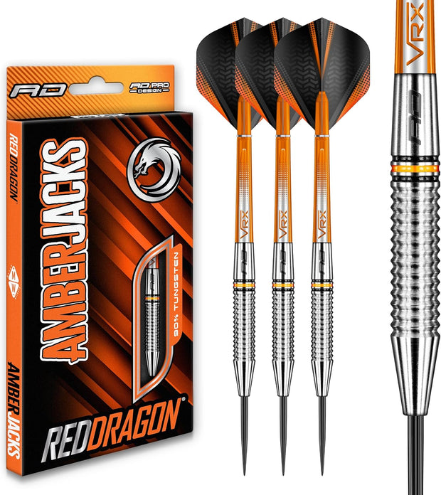 RED DRAGON Amberjack Tungsten Darts Set with Darts Flights & Dart Stems (Shafts) – Professional 90% Tungsten Premium Darts Set – Available in 22G, 23G, 24G, 25G, 26G, 27G, 28G, 30G