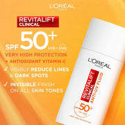 L’Oréal Paris Revitalift Clinical SPF 50+ Invisible UV Fluid, Protect, Prevent and Improve Ageing Signs, Non-Oily Formula for All Skin Tones, Advanced UV Protection and Antioxidant Vitamin C, 50Ml