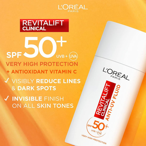 L’Oréal Paris Revitalift Clinical SPF 50+ Invisible UV Fluid, Protect, Prevent and Improve Ageing Signs, Non-Oily Formula for All Skin Tones, Advanced UV Protection and Antioxidant Vitamin C, 50Ml