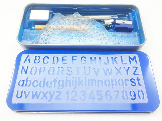 10Pcs Maths Geometry Compass Set School Ruler Protector Square Tin Case Stencil