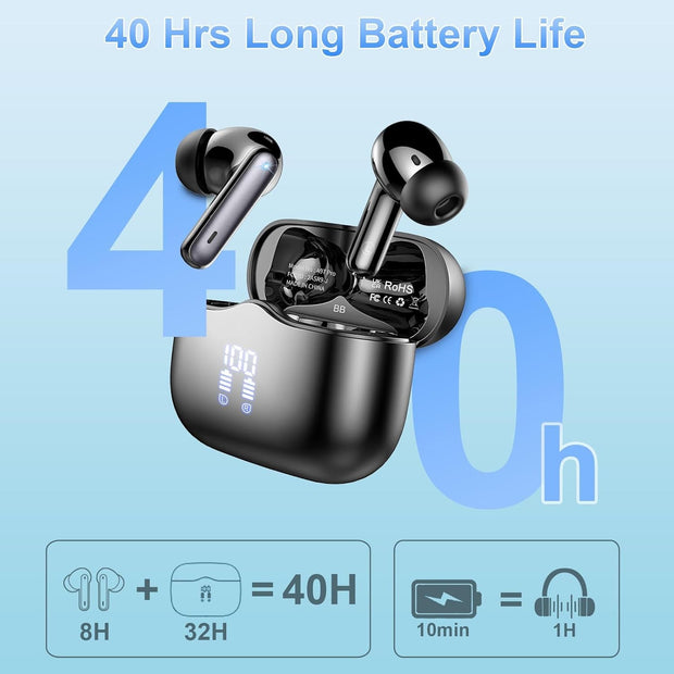 Wireless Earbuds, Bluetooth 5.3 Headphones in Ear with Hifi Stereo Deep Bass, 4 ENC Noise Cancelling Mic Wireless Earphones 40H Playtime, Bluetooth Earbuds Dual LED Display, IP7 Waterproof, USB-C