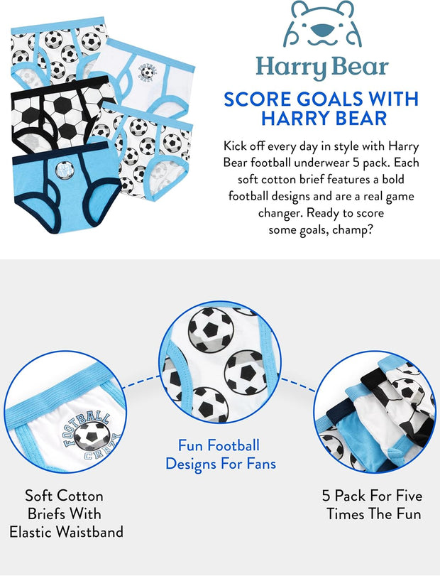 Harry Bear Boys Underwear | Football Briefs 5 Pack | Soft Cotton Boys Briefs | Ages 3 to 8 Years