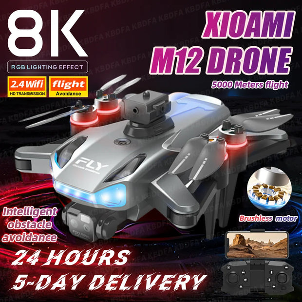 The New M12 RC Drone 8K Brushless Professional Edition Is Equipped with a Wide-Angle Three Tracking Camera with 12 Color Lights