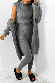 Womens 3 Piece Suit Roll Neck Chunky Knitted Tracksuit Ladies Rib Loungewear Set