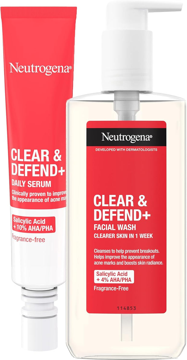 Clear & Defend+ Skincare Set with Facial Wash (1X 200Ml) and Face Serum (1X 30Ml), Clearing 2-Step Skincare Set with Salicylic Acid, AHA/PHA for Spot-Prone Skin to Help Fight Breakouts