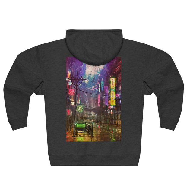 Cyberpunk style city skyline zip hoodie