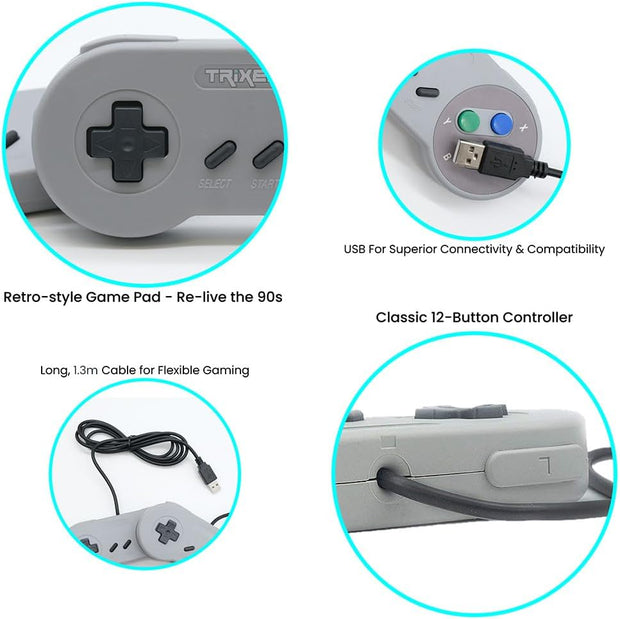 TRIXES Pack of 2 Wired USB Controllers - Compatible with SNES Emulators - Retro Gaming Joypads Gamepad - Suitable for Gaming PC, Computer, Laptop, Raspberry Pi