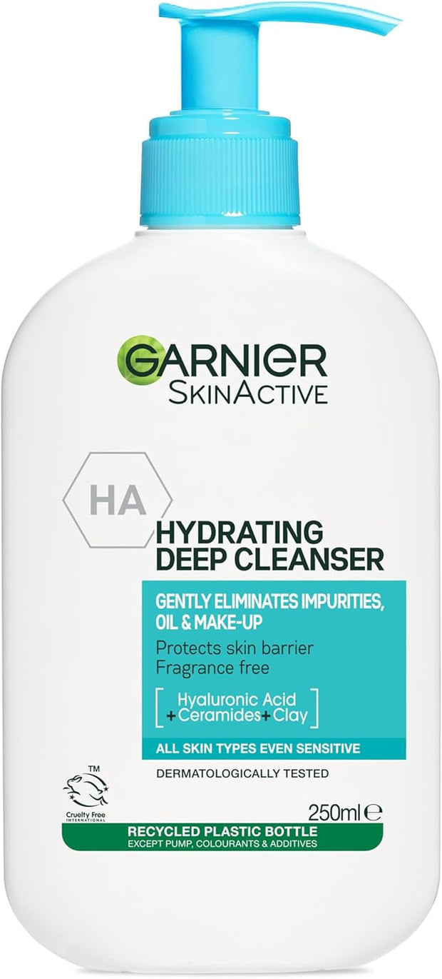 Garnier Gentle Deep Face Cleanser, with Hydrating Hyaluronic Acid, Protecting Ceramides, Purifying Clay, Fragrance Free, Suitable for Sensitive Skin, Pure Active, 250Ml