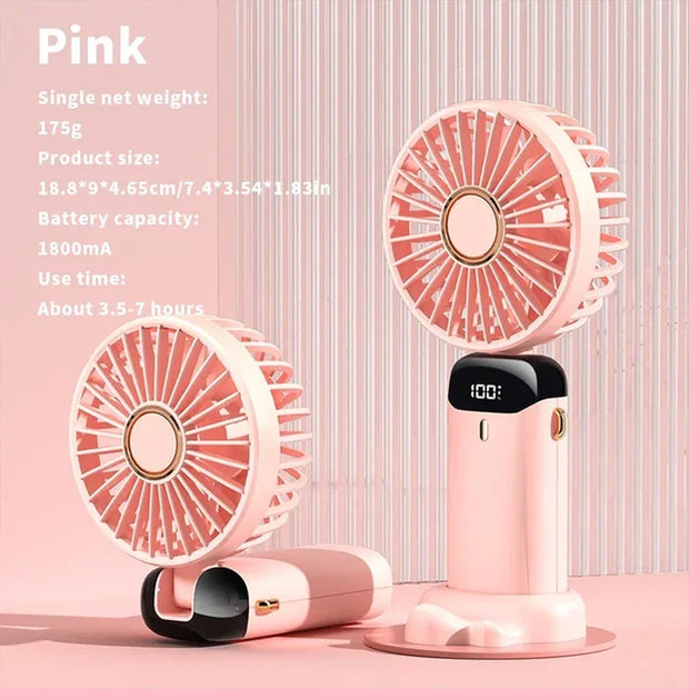 USB Handheld Mini Fan Foldable Portable Neck Hanging Fans 5 Speed USB Rechargeable Fan with Phone Stand and Display Screen