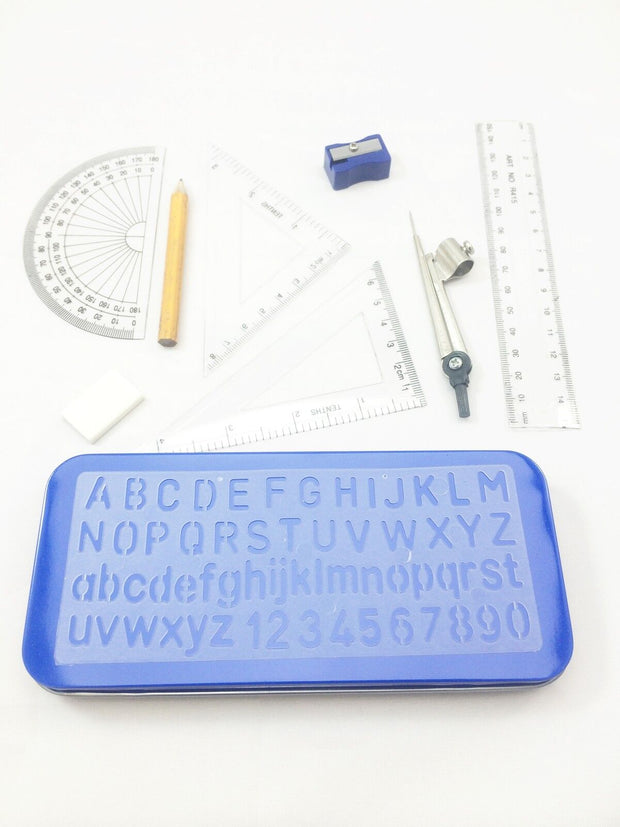 10Pcs Maths Geometry Compass Set School Ruler Protector Square Tin Case Stencil