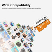 KOOTION 64 GB Micro SD Card, 4K Camera Pro, UHD Video for Gopro, Action Camera, Drone, Smartphone, R/W up to 90/35 Mb/S Microsdxc Memory Card UHS-I U3 A1 V30