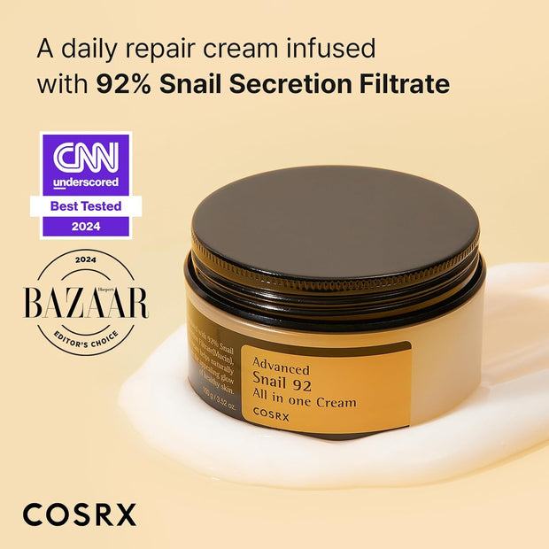 COSRX Advanced Snail 92 All in One Cream Korean Snail Mucin Face Cream & Gel Moisturiser for Dry Sensitive and anti Aging Skin, Daily Soothing and Moisturising Cream, Korean Skincare 100G