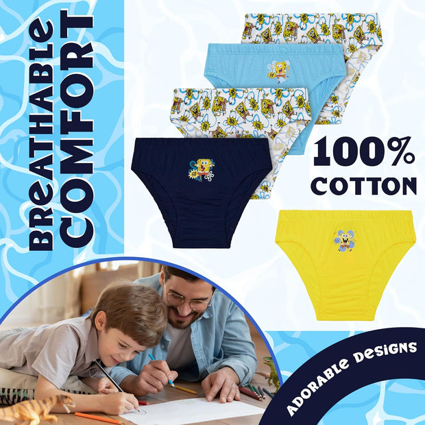 SPONGEBOB SQUAREPANTS Boys Underwear Briefs, Comfy Breathable Cotton Pants for Kids - Pack of 5