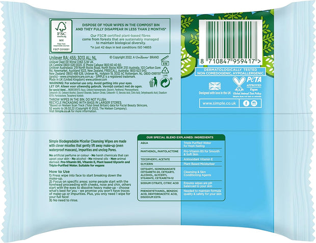 Kind to Skin Hypoallergenic Micellar Biodegradable Cleansing Wipes for Sensitive Skin 20 Wipes (Pack of 3)