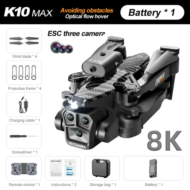 K10 MAX Drone HD 4K Three Cameras Aerial Photography UAV Obstacle Avoidance Optical Flow Positioning Aircraf Toys Christmas Gift