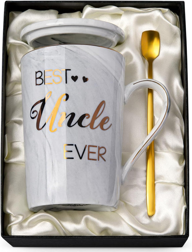 Fathers Day Birthday Gifts for Dad from Daughter Son - World'S Best Dad - Daddy Mug Printed with Gold, Funny Father'S Presents, 14Oz Grey Ceramic Gold Print Coffee Cup, Lid Spoon Card, Nice Gift Boxed