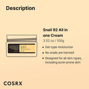 COSRX Advanced Snail 92 All in One Cream Korean Snail Mucin Face Cream & Gel Moisturiser for Dry Sensitive and anti Aging Skin, Daily Soothing and Moisturising Cream, Korean Skincare 100G