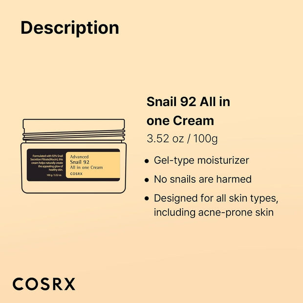 COSRX Advanced Snail 92 All in One Cream Korean Snail Mucin Face Cream & Gel Moisturiser for Dry Sensitive and anti Aging Skin, Daily Soothing and Moisturising Cream, Korean Skincare 100G