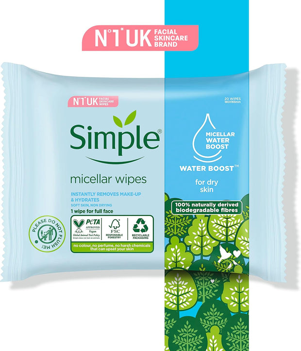 Kind to Skin Hypoallergenic Micellar Biodegradable Cleansing Wipes for Sensitive Skin 20 Wipes (Pack of 3)
