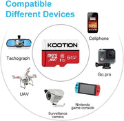 KOOTION 64GB Micro SD Card, UHD Video for Gopro, Action Camera, Drone, Smartphone, R/W up to 80/20Mb/S Microsdxc Memory Card UHS-I U1 Class 10