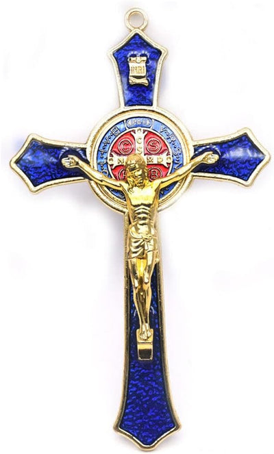 BRAVECOW Vintage Wall Decoration Gold Metal Hand Hold Cross Crucifix Jesus Holy Religious Carved Christ (Blue)