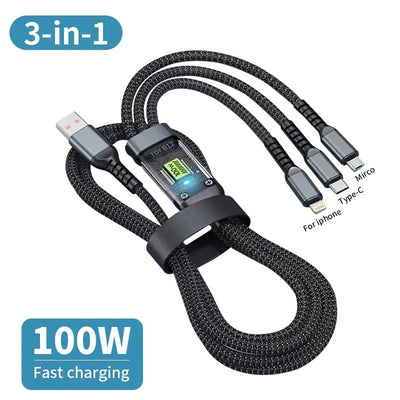 3 in 1 100W LED Digital Display USB Cable Type C Usb Micro for Iphone Samsung Huawei Xiaomi Multi Port Multiple Charging Wire