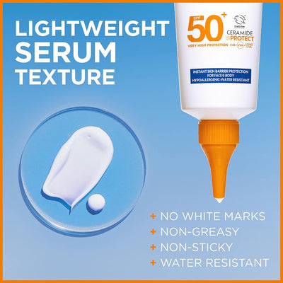 Garnier Ambre Solaire SPF 50+ Sun Protection Serum Face & Body, Non-Sticky, Non-Greasy Fluid Texture, No White Cast, Sensitive Advanced, 125 Ml (Pack of 2)