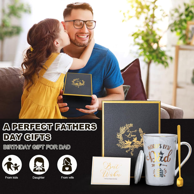 Fathers Day Birthday Gifts for Dad from Daughter Son - World'S Best Dad - Daddy Mug Printed with Gold, Funny Father'S Presents, 14Oz Grey Ceramic Gold Print Coffee Cup, Lid Spoon Card, Nice Gift Boxed