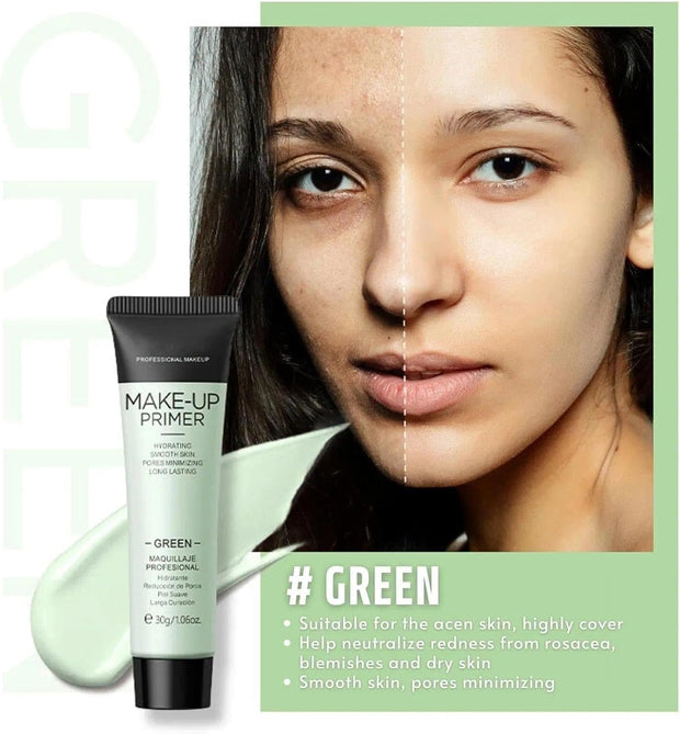 Green Colour Corrector Primer Makeup, Anti-Redness Face, Grips Makeup to Last, for Red & Blemished Skin, Pore Minimizer, Hydrating Make Up, Balance Skin Tone