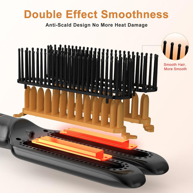 Hair Straightener Brush, 2 in 1 Ionic Hair Straightener Brush Hot Comb, 5 Temps, Ceramic Straightener Comb Fast Heating for Home Salon, Double Heating Plate & Dual Voltage